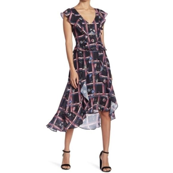 PARKER Painterly Plaid Midi Ruffle Flutter Sleeve Hi Low Dress Size XS New NWT - Picture 1 of 15